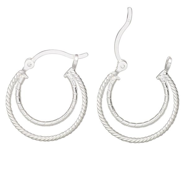 Earring, Create Compliments®, sterling silver, 22.5mm diamond-cut and twisted double hoop with latch-back closure. Sold per pair. image number 0