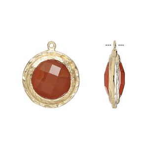 Drop, carnelian (dyed / heated) and gold-finished sterling silver, 17mm double-sided faceted round with hammered edge. Sold individually.