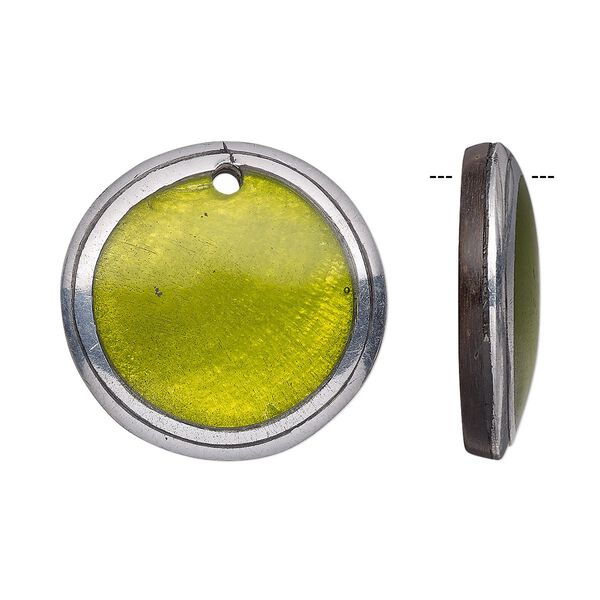 Drop, wood / Capiz shell / resin / aluminum (natural / dyed / assembled), green and clear, 24mm single-sided flat round. Sold individually. image number 0