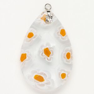 Focal 1pkg1 silver-finished steel and millefiori glass, translucent and transparent clear / white / yellow-orange, 47x30mm-48x33mm puffed teardrop.