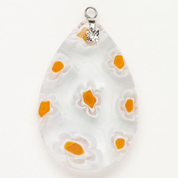 Focal 1pkg1 silver-finished steel and millefiori glass, translucent and transparent clear / white / yellow-orange, 47x30mm-48x33mm puffed teardrop. image number 0