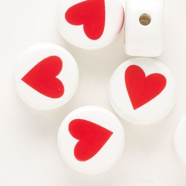 Bead, ceramic, white and red, 16mm flat round with heart. Sold per pkg of 6. image number 0