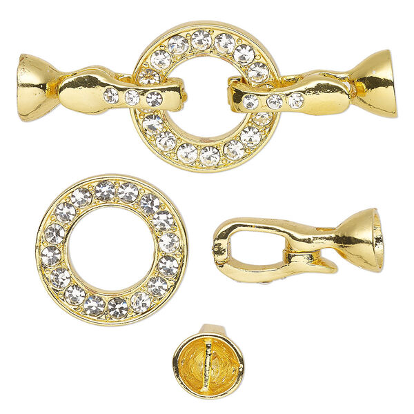 Clasp, magnetic and double latch fold-over, glass rhinestone and gold-plated "pewter" (zinc-based alloy), clear, 54x22mm flat ring with (2) 6.2mm glue-in end caps. Sold individually. image number 0