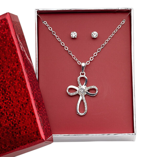 Necklace and earring set, glass rhinestone / silver-finished brass / steel / "pewter" (zinc-based alloy), clear, 27x21mm open cross, 15" to 16" necklace with 3-inch extender chain and lobster claw clasp, 4mm round with post. Sold per set. image number 0