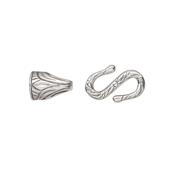 Clasp, JBB Findings, S-hook, antiqued sterling silver, 28x10mm round with end caps. Sold individually. image number 0