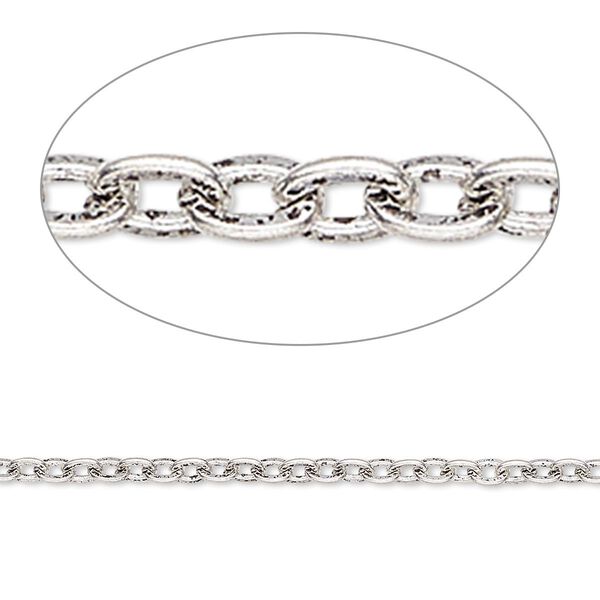 Chain, antique silver-plated steel, 2mm flat cable. Sold per pkg of 25 feet. image number 0