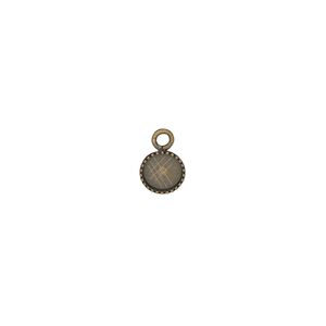 Drop, antiqued brass, 6mm round with beaded edge and 5mm round bezel cup setting. Sold per pkg of 24.