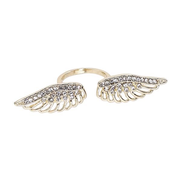Ring, Egyptian glass rhinestone and gold-finished "pewter" (zinc-based alloy), clear, 65x13mm wings, size 9. Sold individually. image number 0