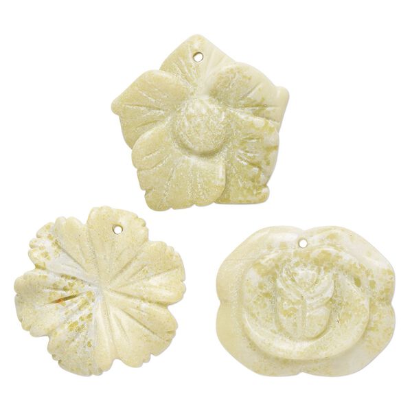 Peridot new "jade" 1pkg3, top-drilled carved flower drop natural mix 30x25mm-30x30mm image number 0