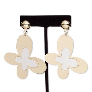 Earring, paper / acrylic / rose gold-finished steel, clear and white with silver-colored glitter, 3 inches with butterfly and post with latch. Sold per pair.