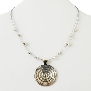 Necklace, 3-strand, antiqued gold-finished "pewter" (zinc-based alloy) and brass / stainless steel / acrylic, gold, 39mm flat round, 16 inches with 2-inch extender chain and lobster claw clasp. Sold individually.