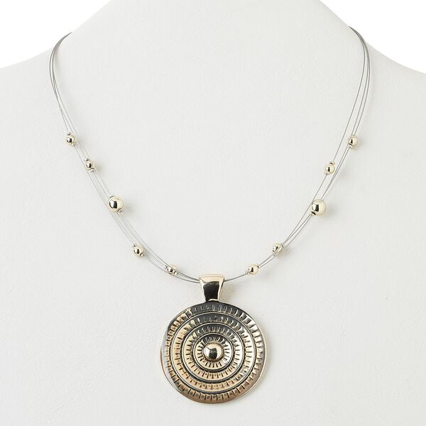 Necklace, 3-strand, antiqued gold-finished "pewter" (zinc-based alloy) and brass / stainless steel / acrylic, gold, 39mm flat round, 16 inches with 2-inch extender chain and lobster claw clasp. Sold individually. image number 0