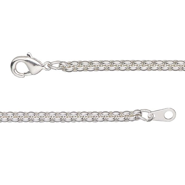 Chain, silver-plated brass, 3mm tight rolo, 20 inches with lobster claw clasp. Sold individually. image number 0