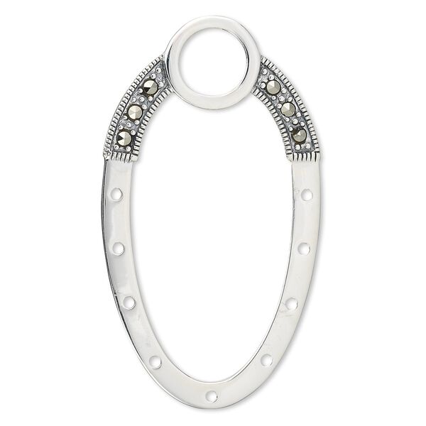 Drop, sterling silver with marcasite, 46x25mm oval.  Sold individually. image number 0