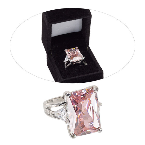 Ring, cubic zirconia and rhodium-finished brass, pink and clear, 21mm rectangle, size 8. Sold individually. image number 0