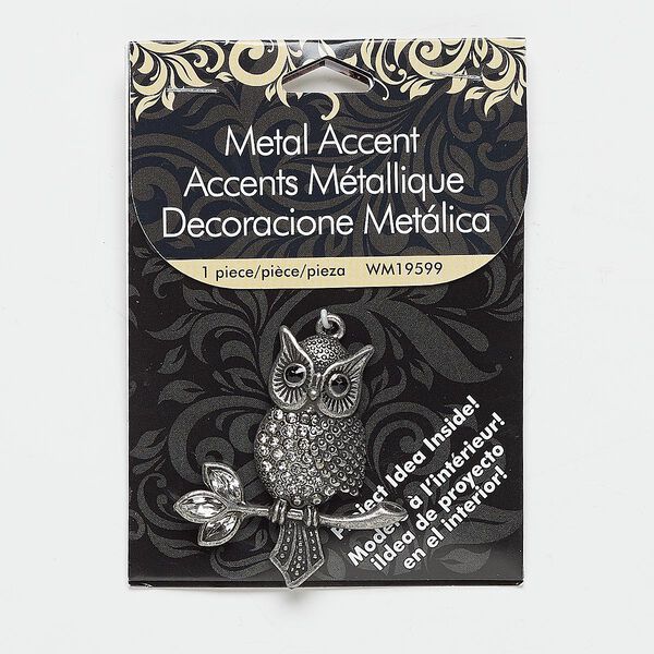 Focal, glass rhinestone and antiqued nickel-finished "pewter" (zinc-based alloy), clear and black, 45x41mm owl on branch. Sold individually. image number 0