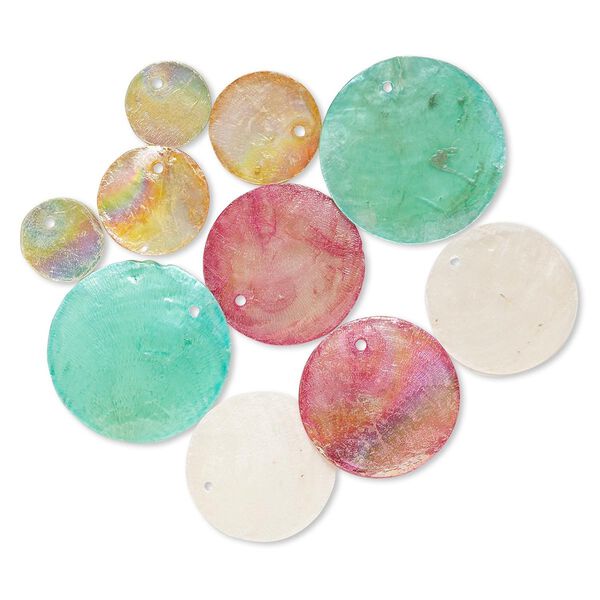Focal and drop mix, Capiz shell (dyed / coated), mixed colors, 18-38mm round, Mohs hardness 3-1/2. Sold per pkg of 10. image number 0