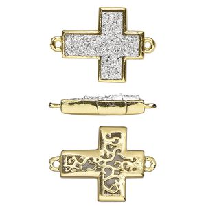 Link, Druzylite™, "druzy" (resin) and gold-finished brass, silver, 18x16mm two-sided cross with open filigree back. Sold per pkg of 4.