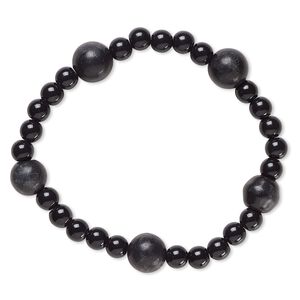 Bracelet, stretch, blackstone (dyed) and acrylic, black, 5mm and 9-10mm round, 6 inches. Sold individually.