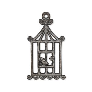 Charm, gunmetal-plated "pewter" (zinc-based alloy), 29x18mm single-sided bird in cage. Sold per pkg of 10.