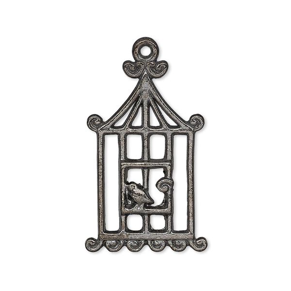 Charm, gunmetal-plated "pewter" (zinc-based alloy), 29x18mm single-sided bird in cage. Sold per pkg of 10. image number 0