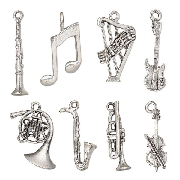 Charm set, antiqued pewter (tin-based alloy), 22.5x6mm-29.5x23.5mm music theme. Sold per 8-piece set. image number 0