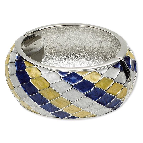 Bracelet, hinged bangle, epoxy and rhodium-finished "pewter" (zinc-based alloy), white / yellow / blue, 32mm wide with diagonal diamond design, 7 inches. Sold individually. image number 0