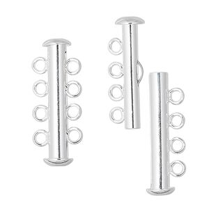 Clasp slide lock 1pkg4 silver-plated, 26x6mm tube, brass 4-strand