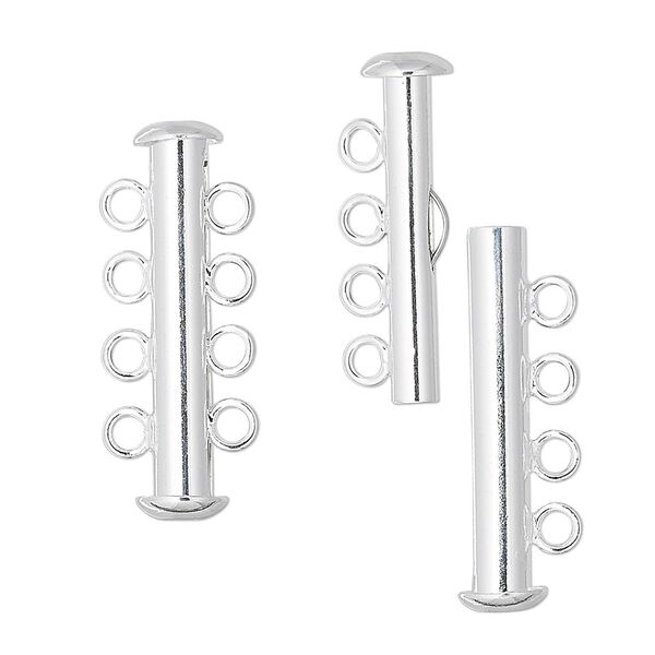 Clasp, 4-strand slide lock, silver-plated brass, 26x6mm tube. Sold per pkg of 4. image number 0