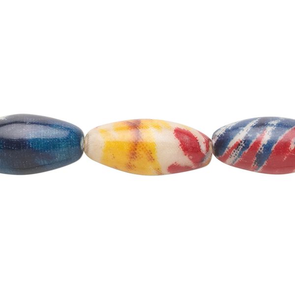 Bead, fabric-covered wood (coated), multicolored, 30x15mm oval. Sold per pkg of 7. image number 0