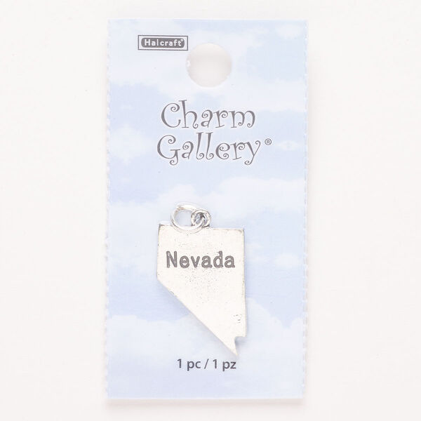 Charm, steel and enamel, pkg/1, silver finish and black, 23x16mm with "Nevada." image number 0