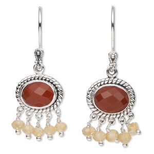 Earring, citrine / carnelian (dyed / heated) / antiqued sterling silver, 37mm with 11x8mm faceted oval and 4x3mm faceted rondelle with fishhook ear wire. Sold per pair.