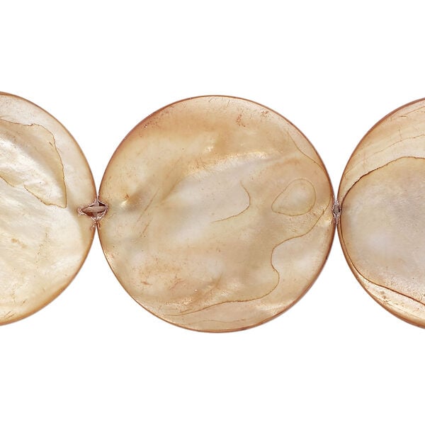 Mother-of-pearl shell 1pkg1, puffed flat round bead 15 inch light golden brown 24-25mm image number 0