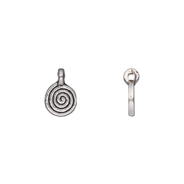 Charm, antique silver-plated "pewter" (zinc-based alloy), 8mm double-sided flat round with spiral design. Sold per pkg of 50. image number 0