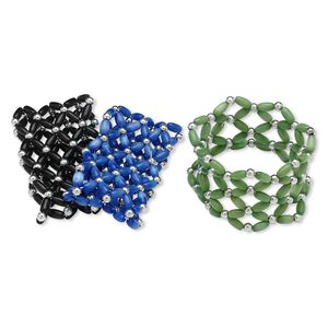 Bracelet, stretch, cat's eye glass (fiber optic glass) and silver-coated plastic, green / black / blue, 4mm round and 9x4mm oval, 7 inches. Sold per pkg of 3.