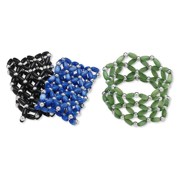 Bracelet, stretch, cat's eye glass (fiber optic glass) and silver-coated plastic, green / black / blue, 4mm round and 9x4mm oval, 7 inches. Sold per pkg of 3. image number 0