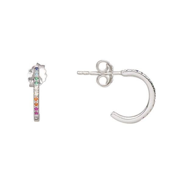 Earstud, rhodium-plated sterling silver and cubic zirconia, multicolored, 13.5mm hoop. Sold per pair. image number 0