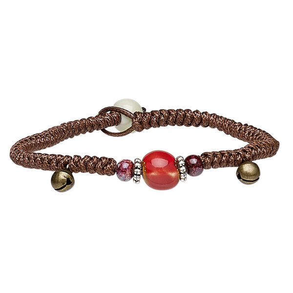 Bracelet, porcelain / waxed cotton cord / antique brass- / silver-plated steel, multicolored, 10mm wide with macramé design, 7 inches with button clasp. Sold individually. image number 0