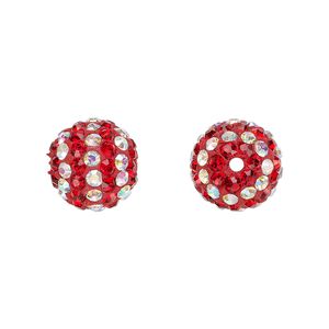 Bead, Egyptian glass rhinestone / epoxy / resin, red and clear AB, 12mm round with pavé striped design. Sold individually.