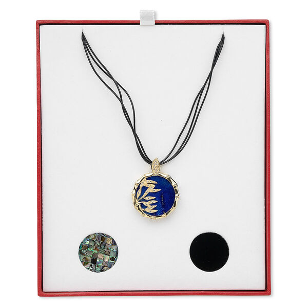 Necklace, multi-strand, gold-finished sterling silver / black leather / multi-gemstone / shell, multicolored, (3) 43x33mm reversible and interchangeable pendants, 18 inches with lobster claw clasp and 2-inch extender chain. Sold individually. image number 0