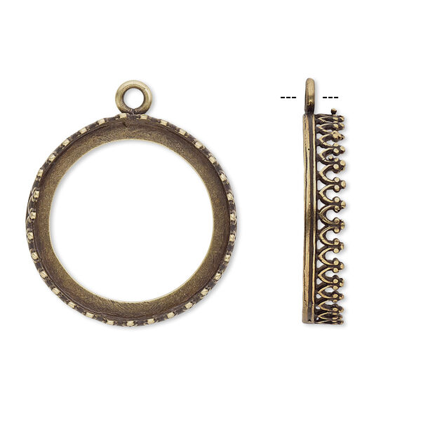 Drop, JBB Findings, antiqued brass, 22mm round with decorative trim, 20mm round bezel setting. Sold per pkg of 2. image number 0