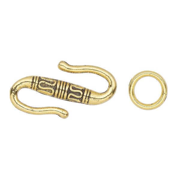 Clasp, S-hook, antique gold-finished "pewter" (zinc-based alloy), 22x12mm Bali style with (2) 9mm soldered jump rings. Sold per pkg of 10. image number 0
