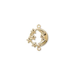 Link, gold-plated brass, 11mm moon with stars design. Sold per pkg of 10.