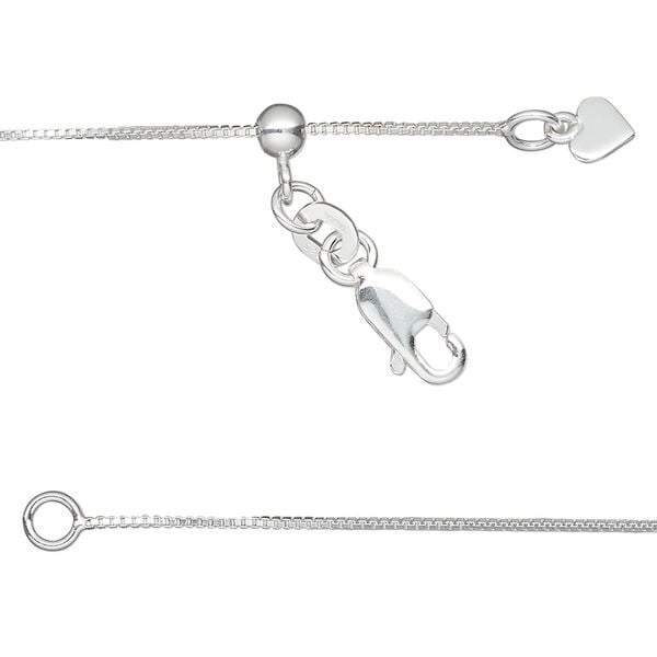 Chain 1pkg1, Gossamer™, sterling silver and silicone, 0.7mm box, 16 to 24 inches with lobster claw clasp and 4mm adjustable slider bead. image number 0