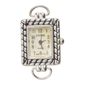 Watch face 1pk1 brass / steel / aluminum, 30x20mm rectangle / 2 loops, antique silver plate / white / black