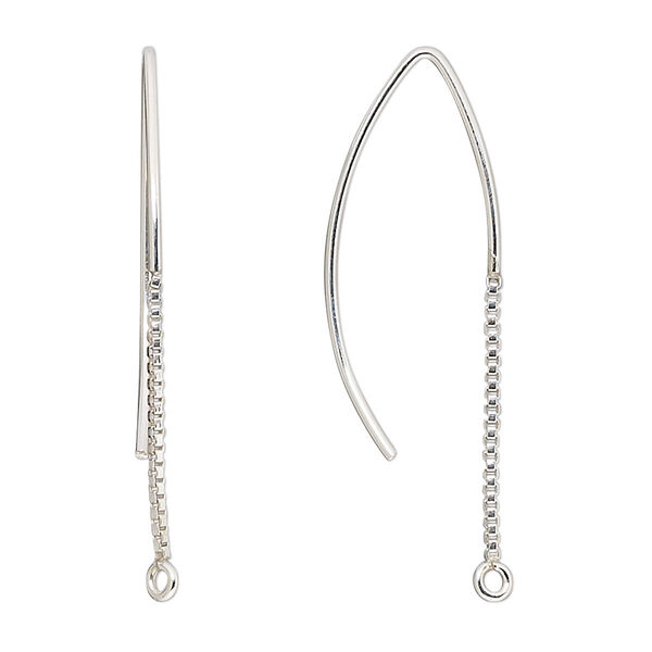 Ear wire, sterling silver, 38mm marquise with 1mm box chain and closed loop, 18 gauge. Sold per pair. image number 0