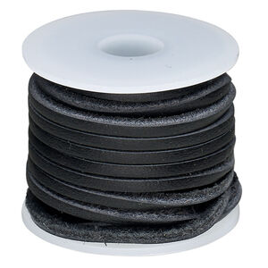 Cord, leather (dyed) 1pkg5yd, black, 2mm flat, per spool.