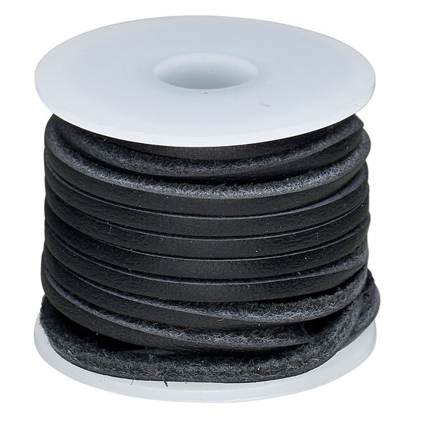 Cord, leather (dyed) 1pkg5yd, black, 2mm flat, per spool. image number 0