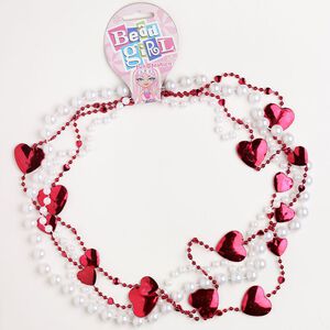 Necklace assortment, acrylic, pkg/(4) 32 inches, white and red, 4-7mm round and 32mm heart.