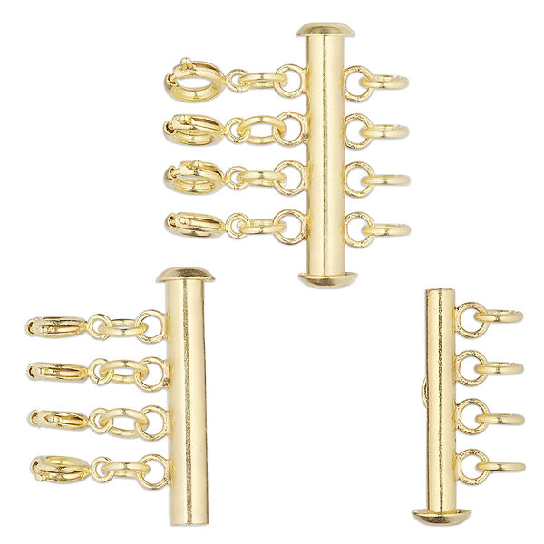 Clasp, 4-strand slide lock, gold-finished brass, 26.5x6mm round tube with 4 springring clasps and (4) 5mm open jump rings. Sold per pkg of 10. image number 0